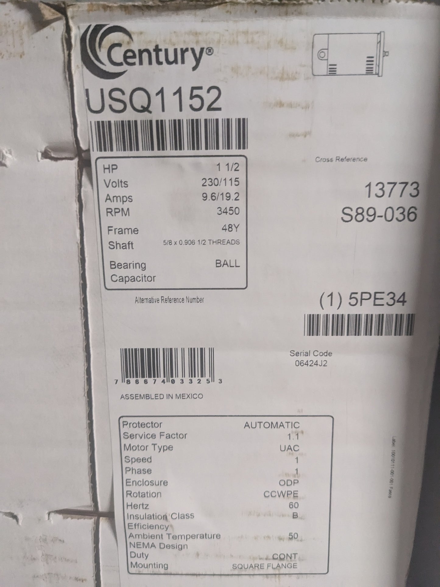 USQ1152 1.5 HP Square Flange Single Speed Pool Pump Motor