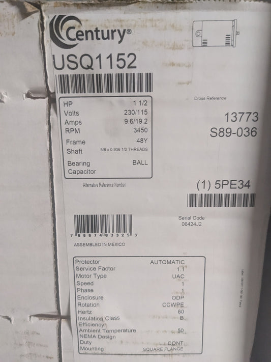 USQ1152 1.5 HP Square Flange Single Speed Pool Pump Motor