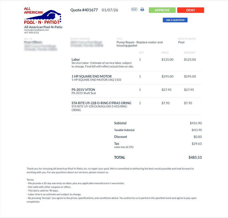 Example motor replacement quote.  One click to approve in your email!